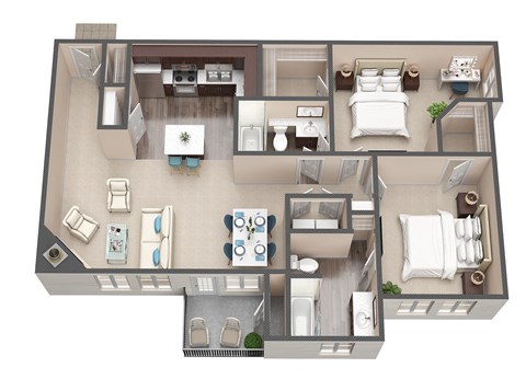A 3D floor plan of a house with two bedrooms, a living room, a kitchen, and a bathroom.